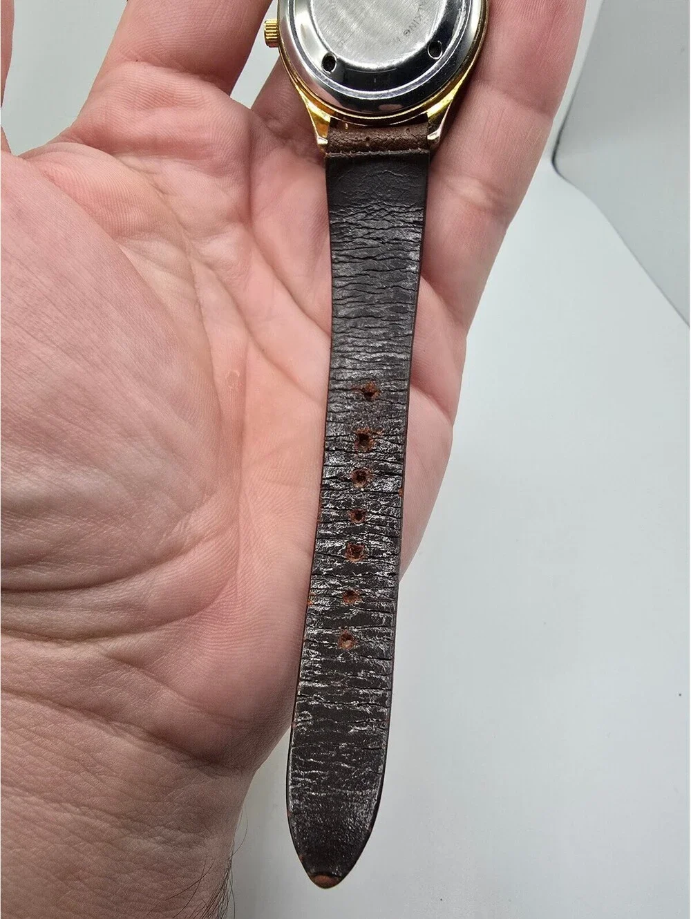 Time Optics Watch White Arabic Dial Gold Tone Brown Leather Strap